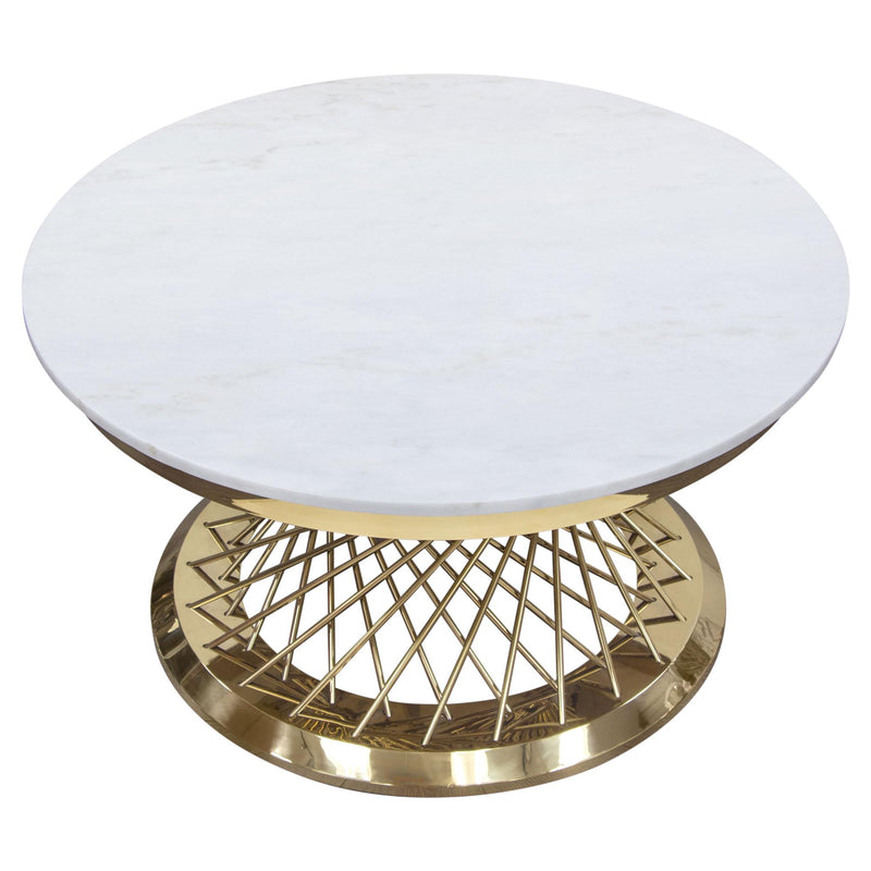 Solstice 35" Round Cocktail Table with Genuine Marble Top and Polished Gold Spiral Spoked Base by Diamond Sofa - R&R Furniture Gallery (Fountain Valley, CA)