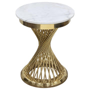 Solstice 18" Round End Table with Genuine Marble Top and Polished Gold Spiral Spoked Base by Diamond Sofa - R&R Furniture Gallery (Fountain Valley, CA)