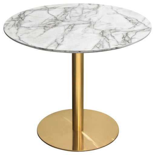 Stella 36" Round Dining Table w/ Faux Marble Top and Brushed Gold Metal Base by Diamond Sofa - R&R Furniture Gallery (Fountain Valley, CA)