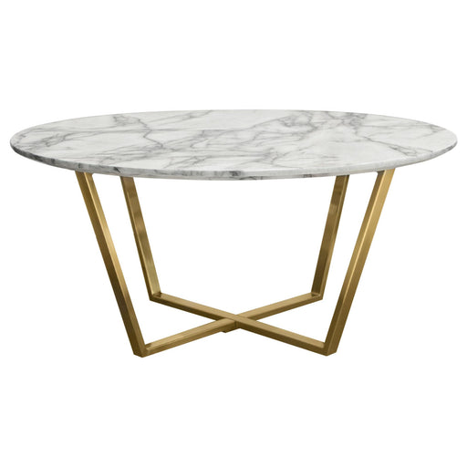 Vida 35" Round Cocktail Table w/ Faux Marble Top and Brushed Gold Metal Frame by Diamond Sofa - R&R Furniture Gallery (Fountain Valley, CA)
