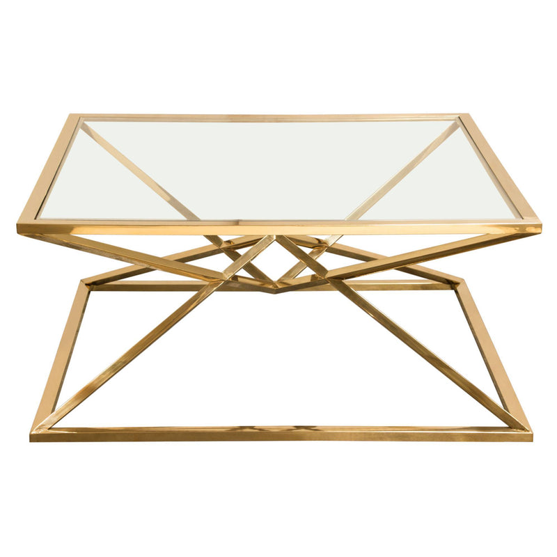 Aria Square Stainless Steel Cocktail Table w/ Polished Gold Finish Base & Clear, Tempered Glass Top by Diamond Sofa - R&R Furniture Gallery (Fountain Valley, CA)