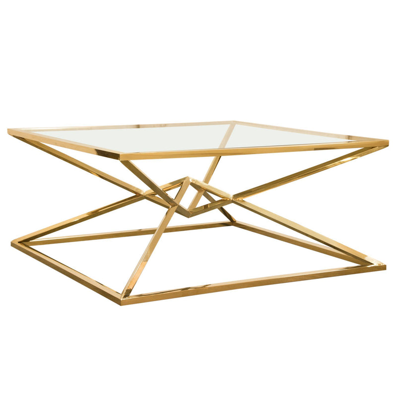 Aria Square Stainless Steel Cocktail Table w/ Polished Gold Finish Base & Clear, Tempered Glass Top by Diamond Sofa - R&R Furniture Gallery (Fountain Valley, CA)