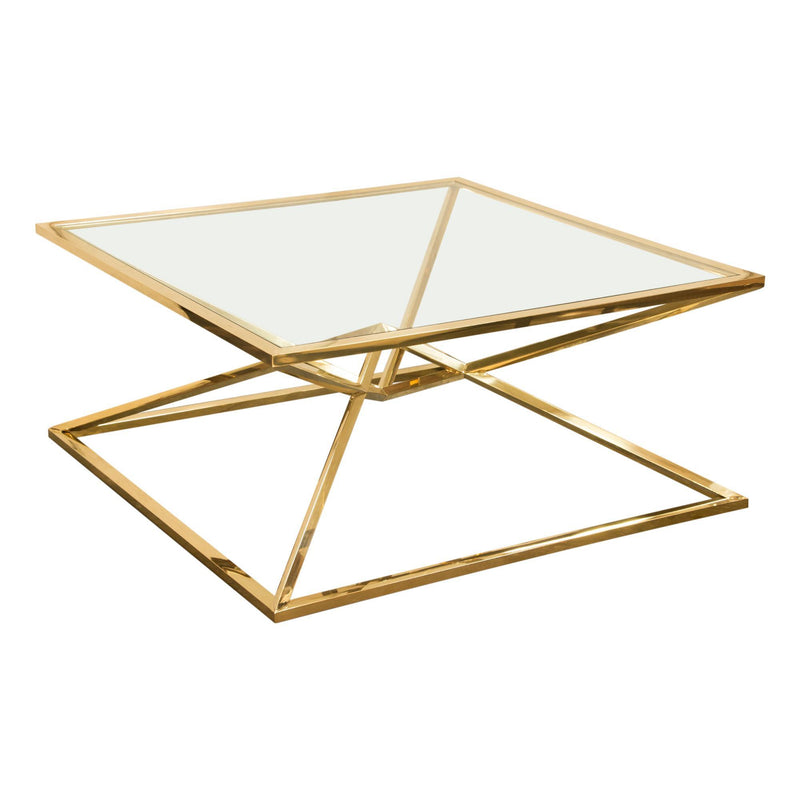 Aria Square Stainless Steel Cocktail Table w/ Polished Gold Finish Base & Clear, Tempered Glass Top by Diamond Sofa - R&R Furniture Gallery (Fountain Valley, CA)
