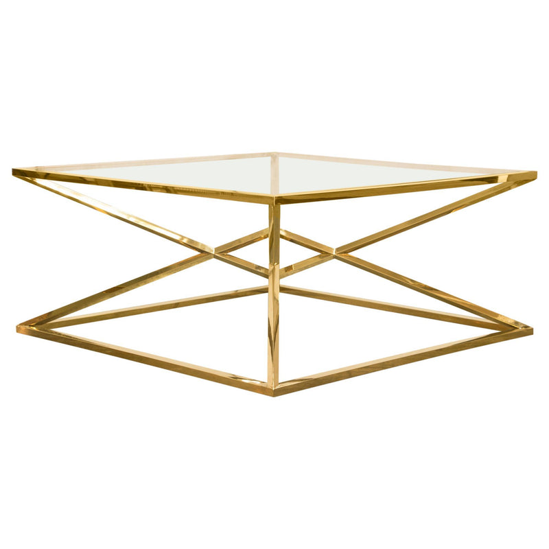 Aria Square Stainless Steel Cocktail Table w/ Polished Gold Finish Base & Clear, Tempered Glass Top by Diamond Sofa - R&R Furniture Gallery (Fountain Valley, CA)