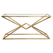 Aria Rectangle Stainless Steel Console Table w/ Polished Gold Finish Base & Clear, Tempered Glass Top by Diamond Sofa - R&R Furniture Gallery (Fountain Valley, CA)