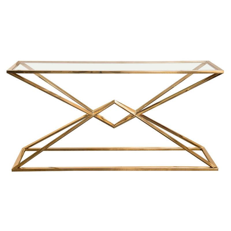 Aria Rectangle Stainless Steel Console Table w/ Polished Gold Finish Base & Clear, Tempered Glass Top by Diamond Sofa - R&R Furniture Gallery (Fountain Valley, CA)
