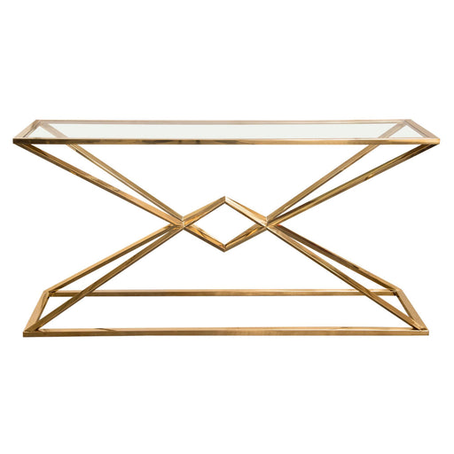Aria Rectangle Stainless Steel Console Table w/ Polished Gold Finish Base & Clear, Tempered Glass Top by Diamond Sofa - R&R Furniture Gallery (Fountain Valley, CA)