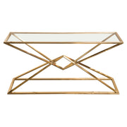 Aria Rectangle Stainless Steel Console Table w/ Polished Gold Finish Base & Clear, Tempered Glass Top by Diamond Sofa - R&R Furniture Gallery (Fountain Valley, CA)