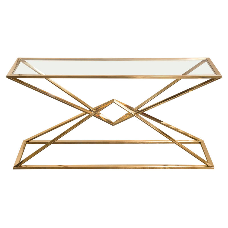 Aria Rectangle Stainless Steel Console Table w/ Polished Gold Finish Base & Clear, Tempered Glass Top by Diamond Sofa - R&R Furniture Gallery (Fountain Valley, CA)