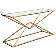 Aria Rectangle Stainless Steel Console Table w/ Polished Gold Finish Base & Clear, Tempered Glass Top by Diamond Sofa - R&R Furniture Gallery (Fountain Valley, CA)