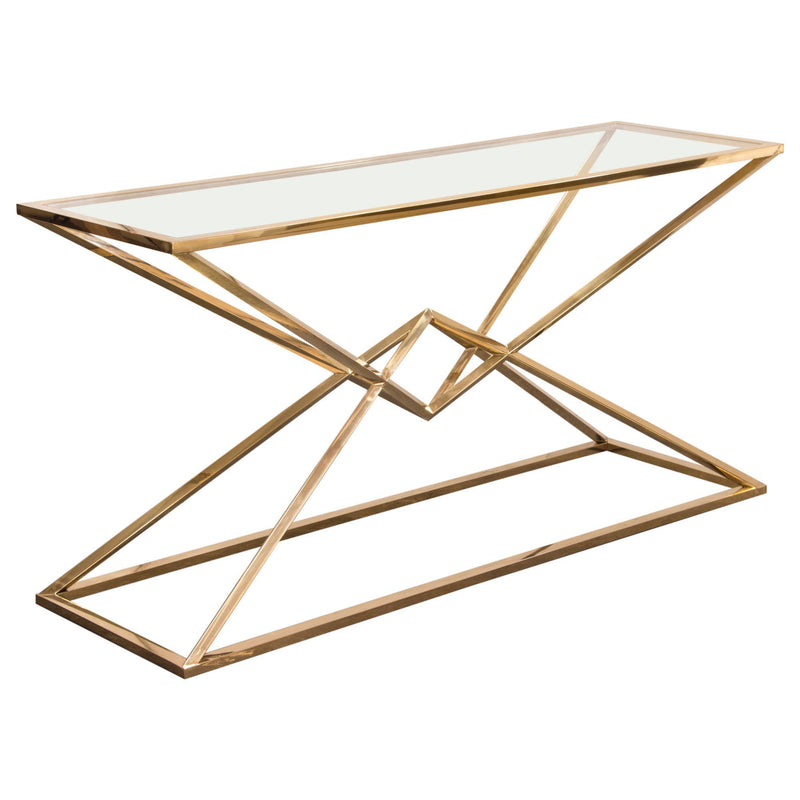 Aria Rectangle Stainless Steel Console Table w/ Polished Gold Finish Base & Clear, Tempered Glass Top by Diamond Sofa - R&R Furniture Gallery (Fountain Valley, CA)