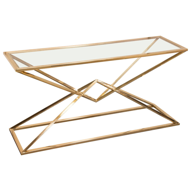 Aria Rectangle Stainless Steel Console Table w/ Polished Gold Finish Base & Clear, Tempered Glass Top by Diamond Sofa - R&R Furniture Gallery (Fountain Valley, CA)
