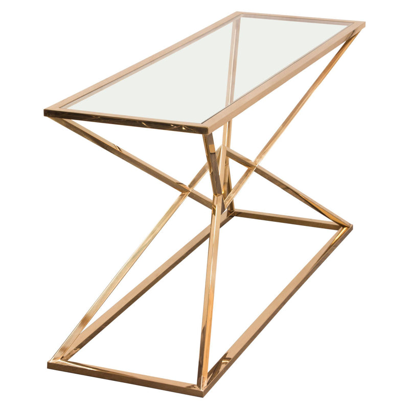 Aria Rectangle Stainless Steel Console Table w/ Polished Gold Finish Base & Clear, Tempered Glass Top by Diamond Sofa - R&R Furniture Gallery (Fountain Valley, CA)