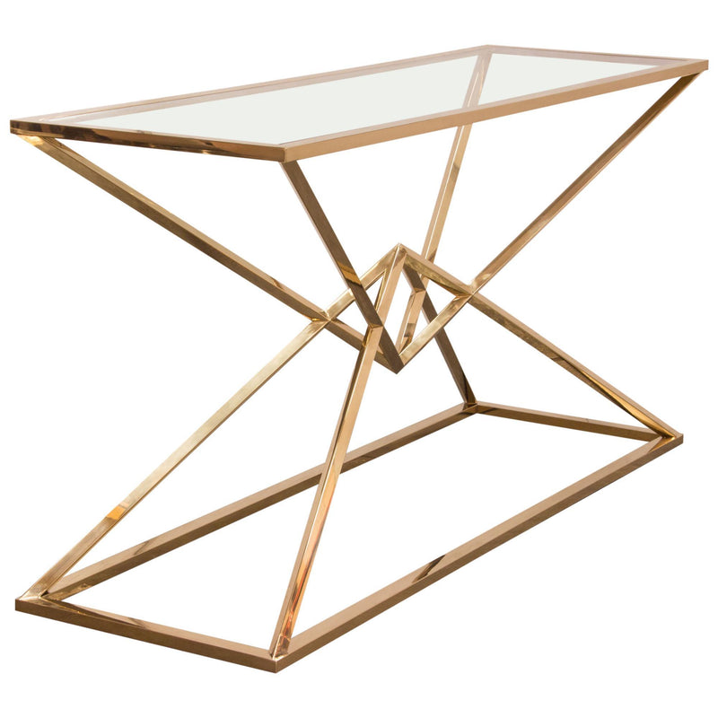 Aria Rectangle Stainless Steel Console Table w/ Polished Gold Finish Base & Clear, Tempered Glass Top by Diamond Sofa - R&R Furniture Gallery (Fountain Valley, CA)