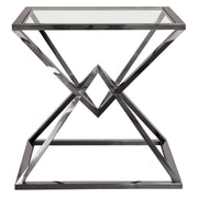 Aria Square Stainless Steel End Table w/ Polished Black Finish Base & Clear, Tempered Glass Top by Diamond Sofa - R&R Furniture Gallery (Fountain Valley, CA)
