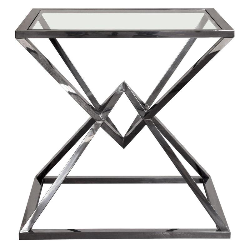 Aria Square Stainless Steel End Table w/ Polished Black Finish Base & Clear, Tempered Glass Top by Diamond Sofa - R&R Furniture Gallery (Fountain Valley, CA)