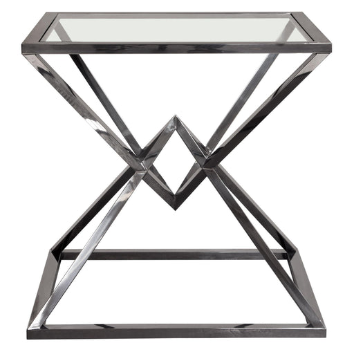 Aria Square Stainless Steel End Table w/ Polished Black Finish Base & Clear, Tempered Glass Top by Diamond Sofa - R&R Furniture Gallery (Fountain Valley, CA)