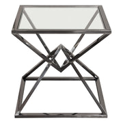 Aria Square Stainless Steel End Table w/ Polished Black Finish Base & Clear, Tempered Glass Top by Diamond Sofa - R&R Furniture Gallery (Fountain Valley, CA)