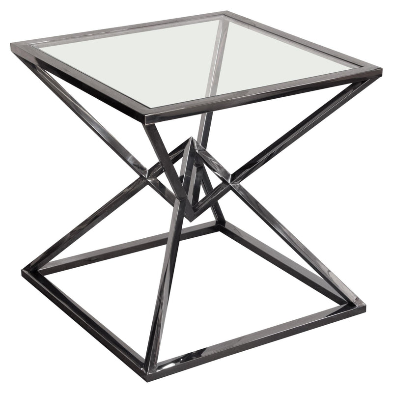 Aria Square Stainless Steel End Table w/ Polished Black Finish Base & Clear, Tempered Glass Top by Diamond Sofa - R&R Furniture Gallery (Fountain Valley, CA)