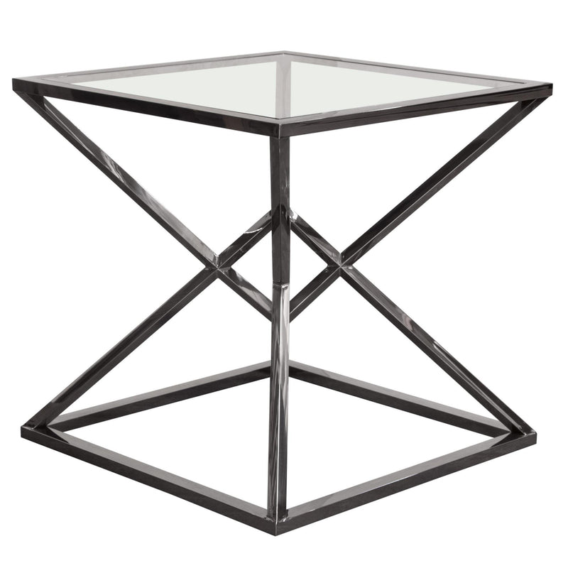 Aria Square Stainless Steel End Table w/ Polished Black Finish Base & Clear, Tempered Glass Top by Diamond Sofa - R&R Furniture Gallery (Fountain Valley, CA)