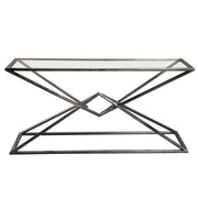 Aria Rectangle Stainless Steel Console Table w/ Polished Black Finish Base & Clear, Tempered Glass Top by Diamond Sofa - R&R Furniture Gallery (Fountain Valley, CA)