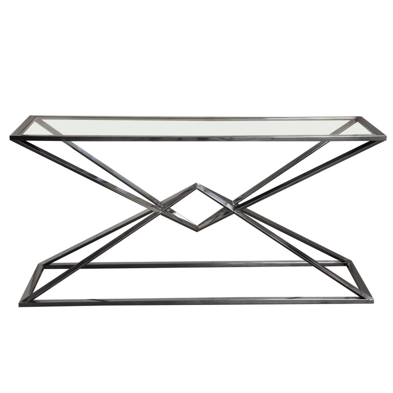 Aria Rectangle Stainless Steel Console Table w/ Polished Black Finish Base & Clear, Tempered Glass Top by Diamond Sofa - R&R Furniture Gallery (Fountain Valley, CA)