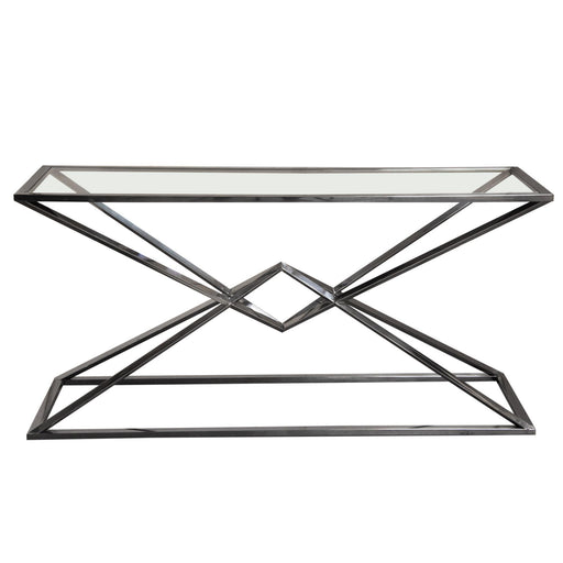Aria Rectangle Stainless Steel Console Table w/ Polished Black Finish Base & Clear, Tempered Glass Top by Diamond Sofa - R&R Furniture Gallery (Fountain Valley, CA)