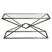 Aria Rectangle Stainless Steel Console Table w/ Polished Black Finish Base & Clear, Tempered Glass Top by Diamond Sofa - R&R Furniture Gallery (Fountain Valley, CA)