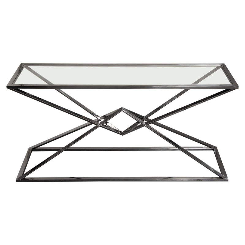 Aria Rectangle Stainless Steel Console Table w/ Polished Black Finish Base & Clear, Tempered Glass Top by Diamond Sofa - R&R Furniture Gallery (Fountain Valley, CA)
