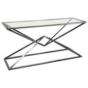 Aria Rectangle Stainless Steel Console Table w/ Polished Black Finish Base & Clear, Tempered Glass Top by Diamond Sofa - R&R Furniture Gallery (Fountain Valley, CA)