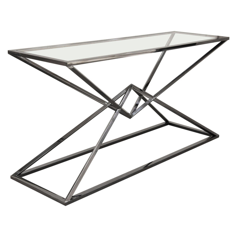Aria Rectangle Stainless Steel Console Table w/ Polished Black Finish Base & Clear, Tempered Glass Top by Diamond Sofa - R&R Furniture Gallery (Fountain Valley, CA)