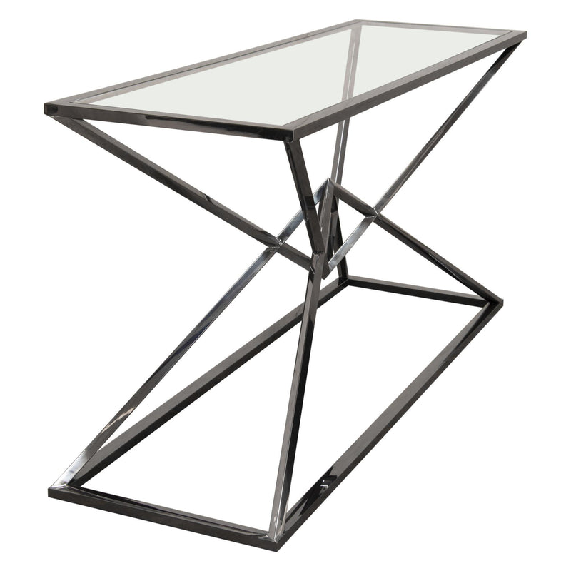 Aria Rectangle Stainless Steel Console Table w/ Polished Black Finish Base & Clear, Tempered Glass Top by Diamond Sofa - R&R Furniture Gallery (Fountain Valley, CA)