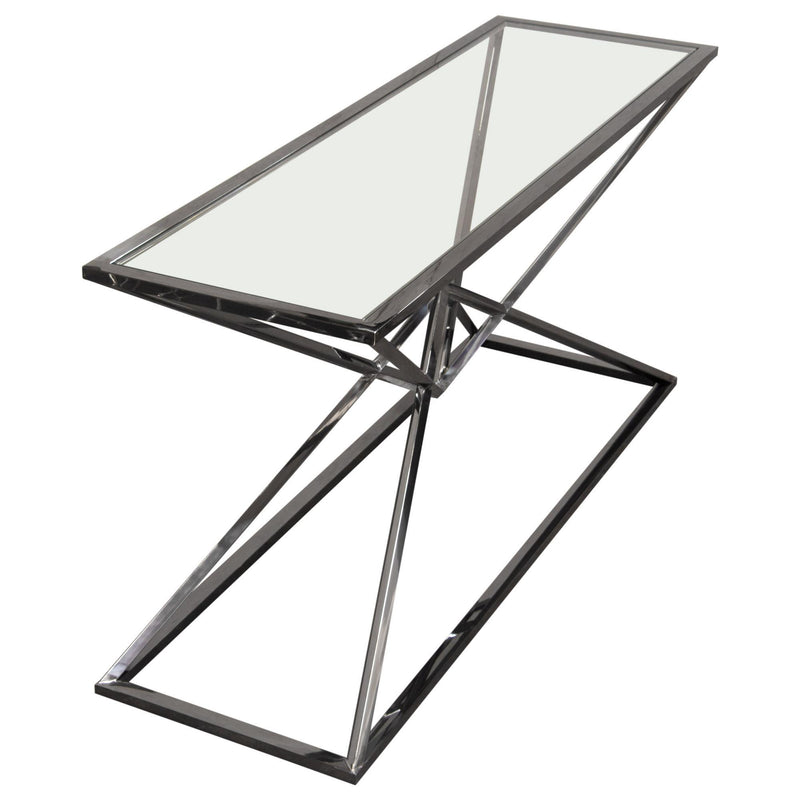 Aria Rectangle Stainless Steel Console Table w/ Polished Black Finish Base & Clear, Tempered Glass Top by Diamond Sofa - R&R Furniture Gallery (Fountain Valley, CA)