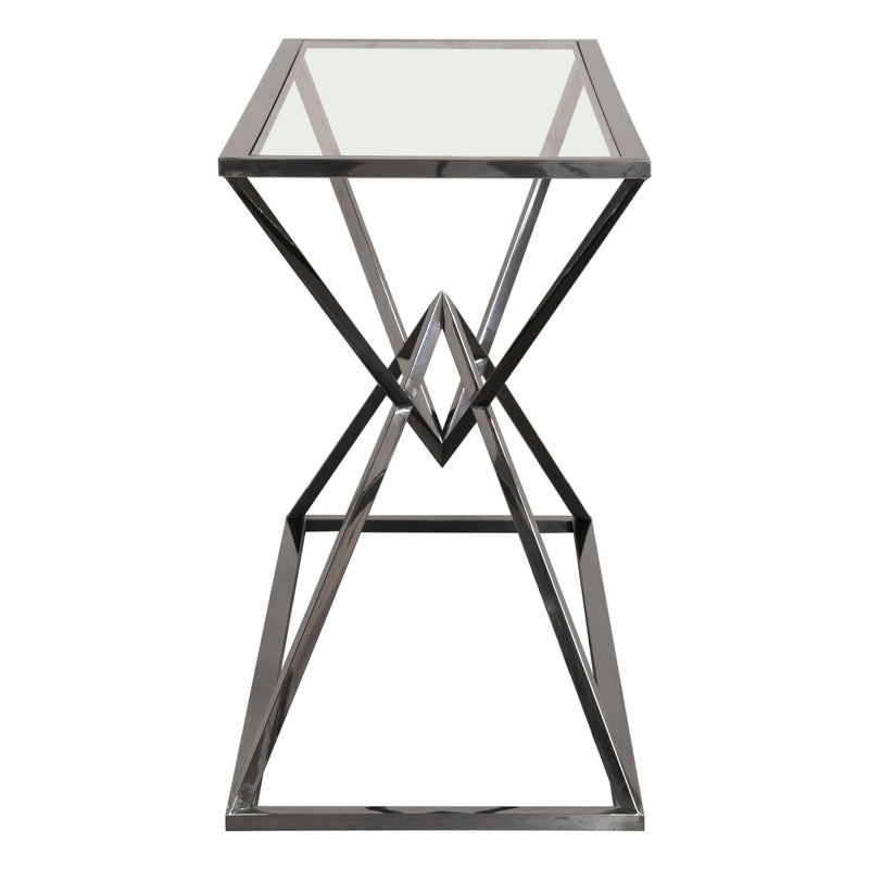 Aria Rectangle Stainless Steel Console Table w/ Polished Black Finish Base & Clear, Tempered Glass Top by Diamond Sofa - R&R Furniture Gallery (Fountain Valley, CA)