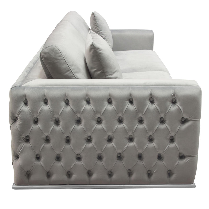 Envy Sofa in Platinum Grey Velvet with Tufted Outside Detail and Silver Metal Trim by Diamond Sofa - R&R Furniture Gallery (Fountain Valley, CA)
