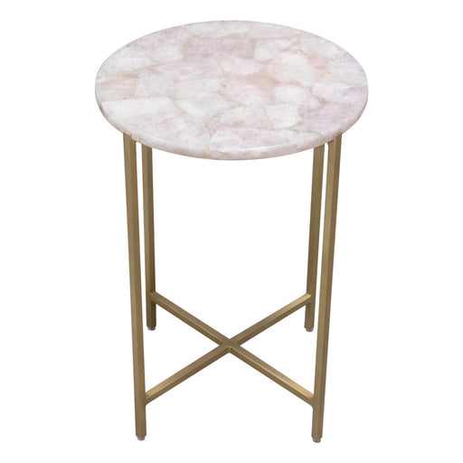 Mika Round Accent Table w/ Rose Quartz Top w/ Brass Base by Diamond Sofa - R&R Furniture Gallery (Fountain Valley, CA)