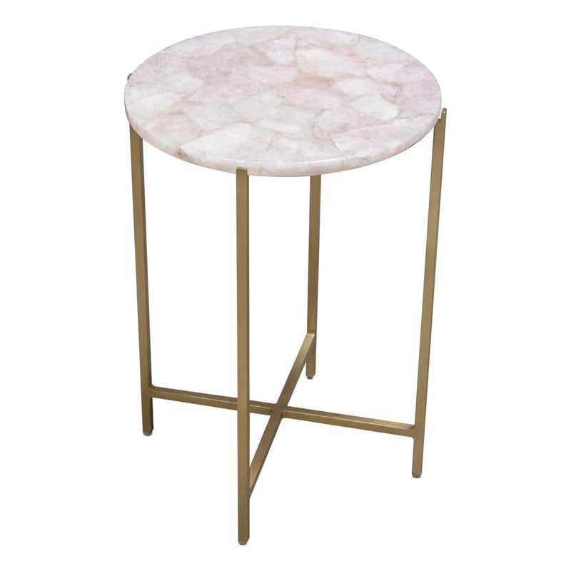 Mika Round Accent Table w/ Rose Quartz Top w/ Brass Base by Diamond Sofa - R&R Furniture Gallery (Fountain Valley, CA)