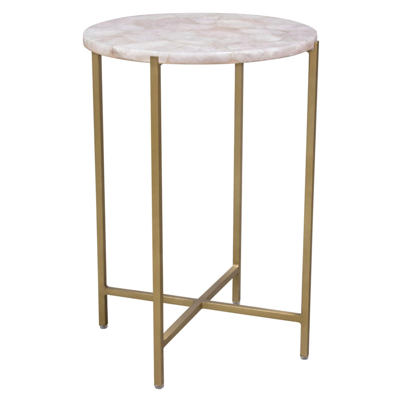 Mika Round Accent Table w/ Rose Quartz Top w/ Brass Base by Diamond Sofa - R&R Furniture Gallery (Fountain Valley, CA)