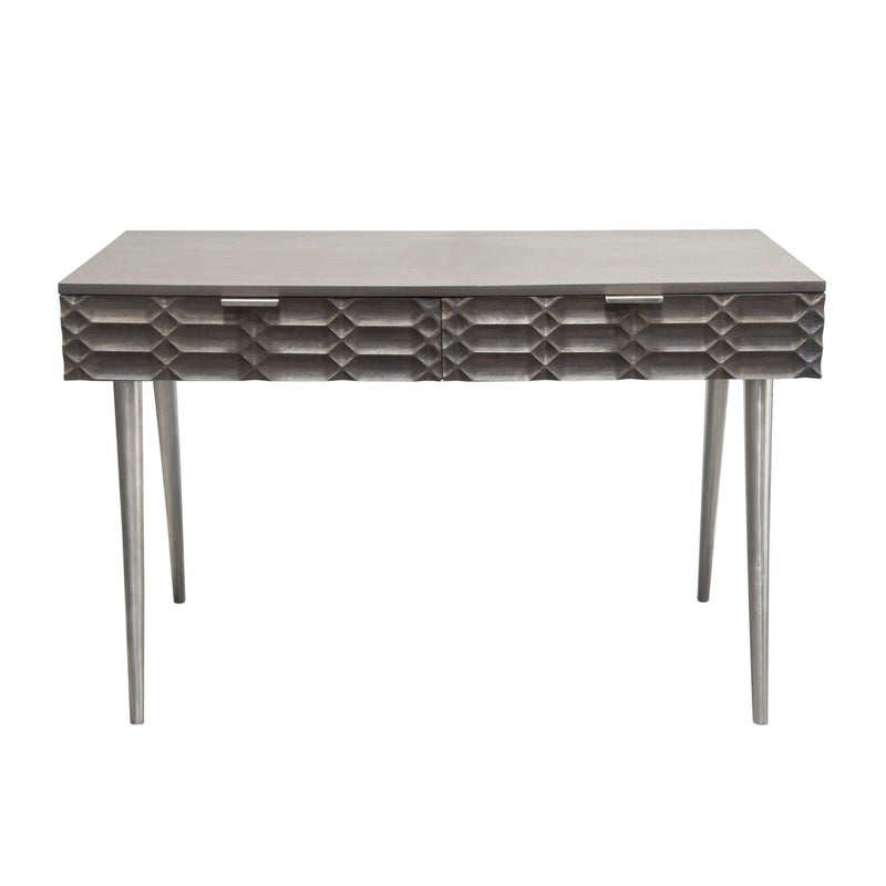 Petra Solid Mango Wood 2-Drawer Writing Desk in Smoke Grey Finish w/ Nickel Legs by Diamond Sofa - R&R Furniture Gallery (Fountain Valley, CA)
