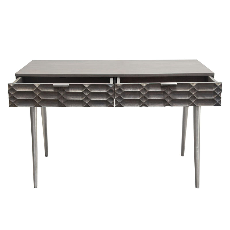 Petra Solid Mango Wood 2-Drawer Writing Desk in Smoke Grey Finish w/ Nickel Legs by Diamond Sofa - R&R Furniture Gallery (Fountain Valley, CA)