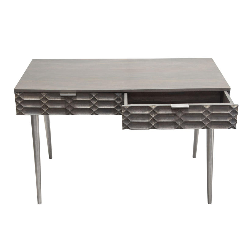 Petra Solid Mango Wood 2-Drawer Writing Desk in Smoke Grey Finish w/ Nickel Legs by Diamond Sofa - R&R Furniture Gallery (Fountain Valley, CA)