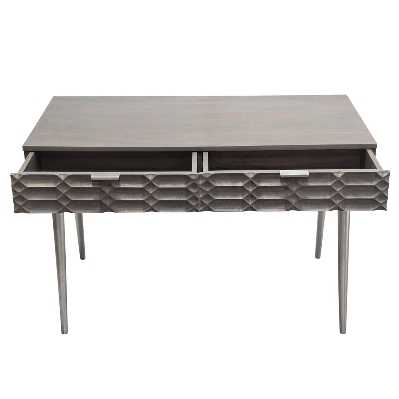 Petra Solid Mango Wood 2-Drawer Writing Desk in Smoke Grey Finish w/ Nickel Legs by Diamond Sofa - R&R Furniture Gallery (Fountain Valley, CA)
