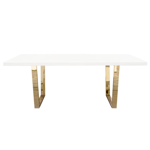 Mirage Rectangular Dining Table w/ White Lacquer Top and Polished Gold Metal Base by Diamond Sofa - R&R Furniture Gallery (Fountain Valley, CA)