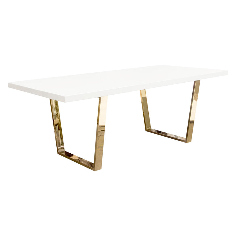 Mirage Rectangular Dining Table w/ White Lacquer Top and Polished Gold Metal Base by Diamond Sofa - R&R Furniture Gallery (Fountain Valley, CA)