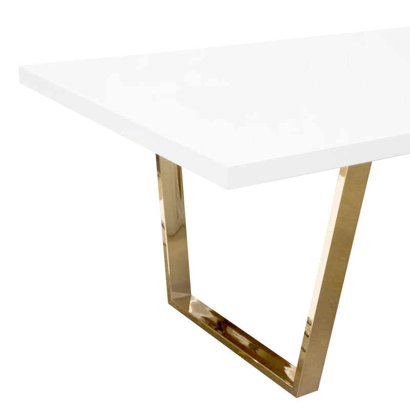 Mirage Rectangular Dining Table w/ White Lacquer Top and Polished Gold Metal Base by Diamond Sofa - R&R Furniture Gallery (Fountain Valley, CA)