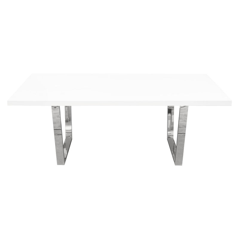 Mirage Rectangular Dining Table w/ White Lacquer Top and Polished Silver Metal Base by Diamond Sofa - R&R Furniture Gallery (Fountain Valley, CA)