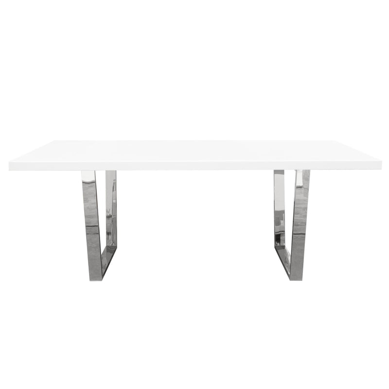 Mirage Rectangular Dining Table w/ White Lacquer Top and Polished Silver Metal Base by Diamond Sofa - R&R Furniture Gallery (Fountain Valley, CA)