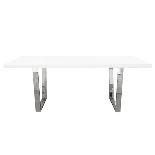 Mirage Rectangular Dining Table w/ White Lacquer Top and Polished Silver Metal Base by Diamond Sofa - R&R Furniture Gallery (Fountain Valley, CA)