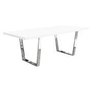 Mirage Rectangular Dining Table w/ White Lacquer Top and Polished Silver Metal Base by Diamond Sofa - R&R Furniture Gallery (Fountain Valley, CA)