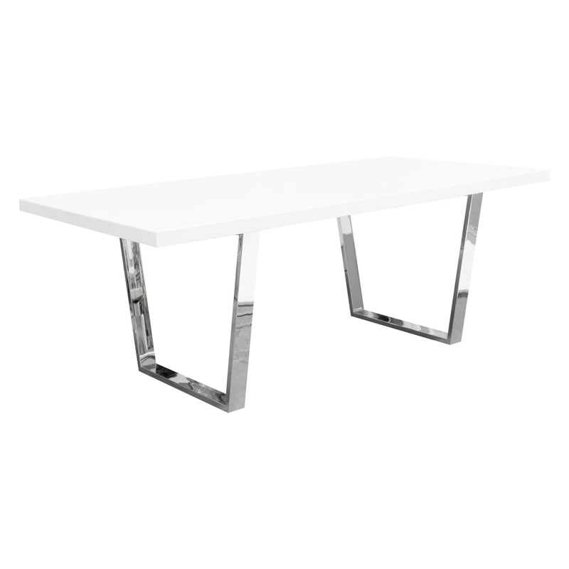 Mirage Rectangular Dining Table w/ White Lacquer Top and Polished Silver Metal Base by Diamond Sofa - R&R Furniture Gallery (Fountain Valley, CA)